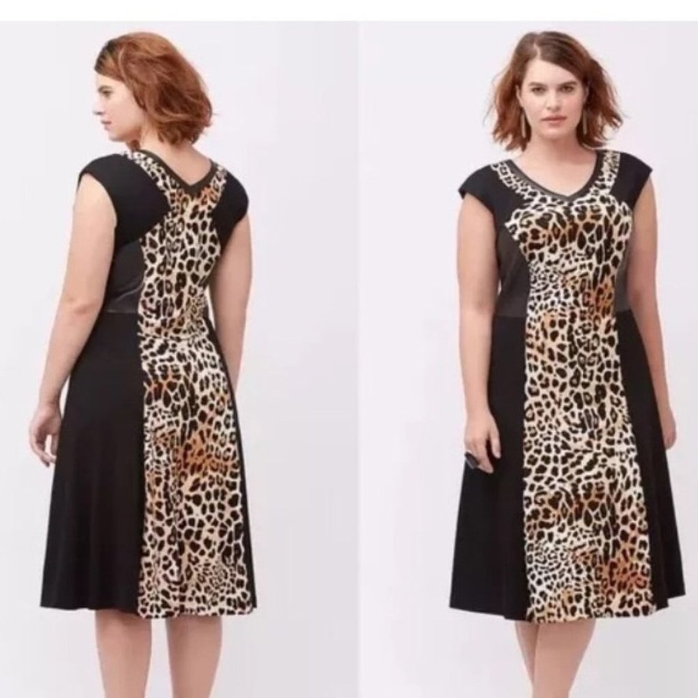 Lane Bryant Faux Leather Leopard Print Dress Cap-Sleeve Animal Print
